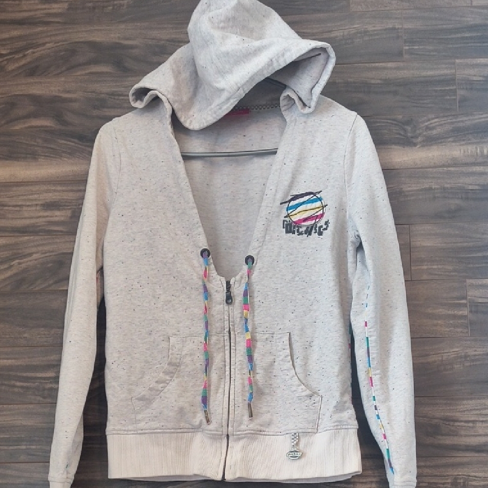 Dickies Vintage Y2K Speckled Gray Zip Hoodie | Rainbow Drawstrings | Large